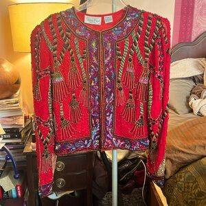 SALE!! DEAL!! AMAZING 1980s Vintage Red Silk Beaded & Sequined Tassel Jacket